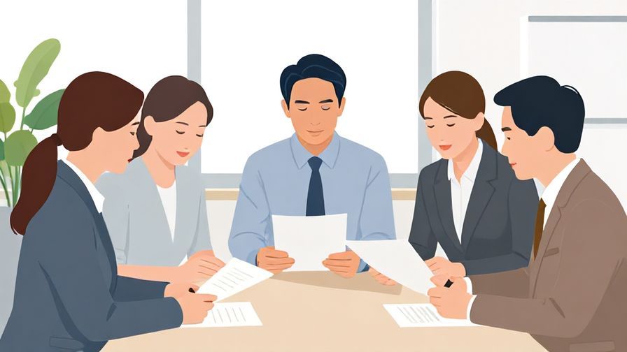 Illustration of professionals reviewing documents carefully around a table, office setting, natural light