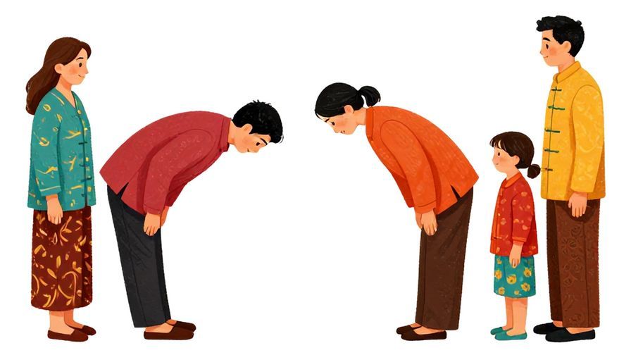 Illustration of respectful bowing between family members in traditional attire, symbolizing respect for blood connections, vibrant colors, illustrated style