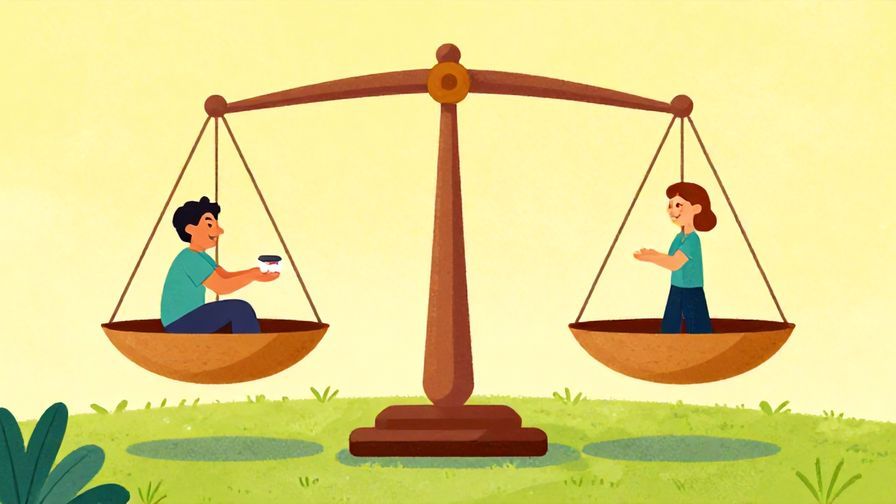 Illustration of scales balancing good and bad deeds, with a person receiving a reward or facing consequences, vibrant colors, illustrated style
