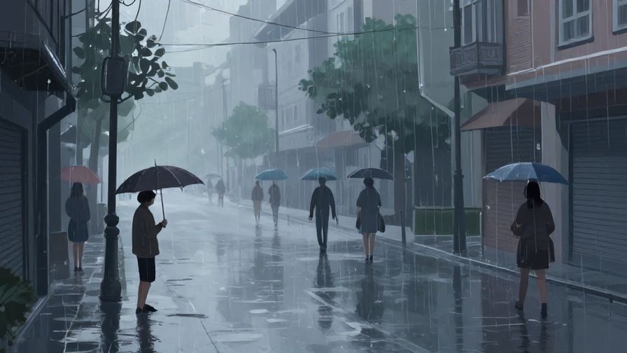 Illustration of small raindrops starting to fall on a quiet street with a few people opening umbrellas, early evening light and soft shadows