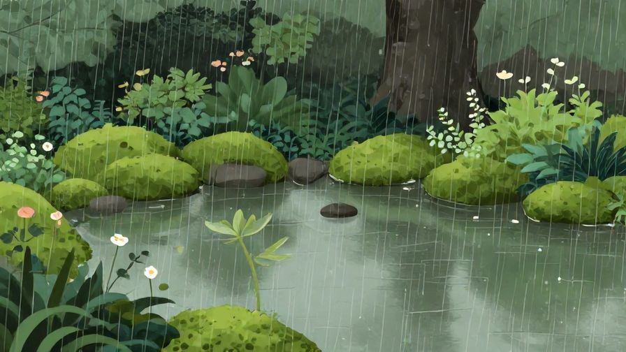 Illustration of soft, continuous rain falling quietly on a calm garden with moss and small flowers, muted colors and a peaceful atmosphere