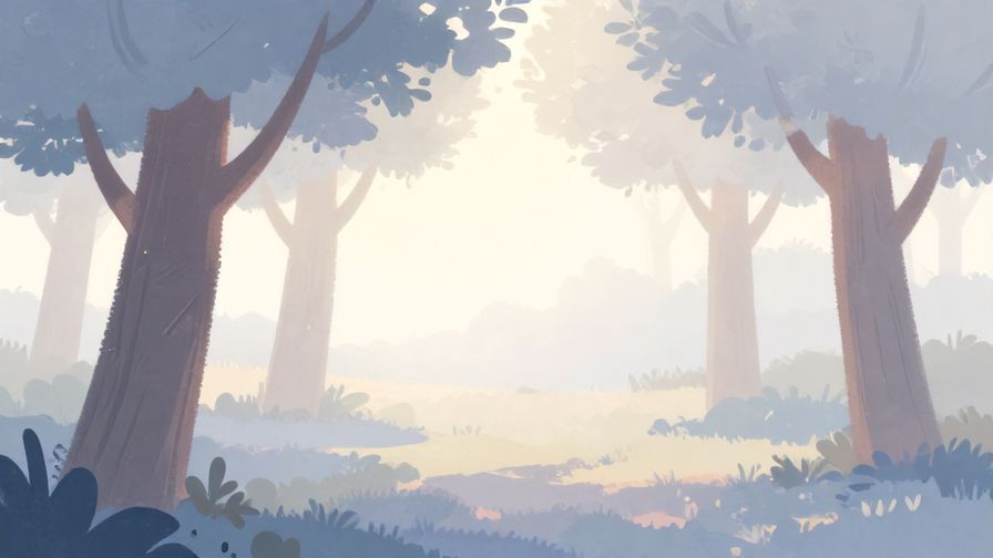 Illustration of soft light filtering through trees as morning fog lifts, symbolizing worries dissipating with time, gentle pastel colors, illustrated style