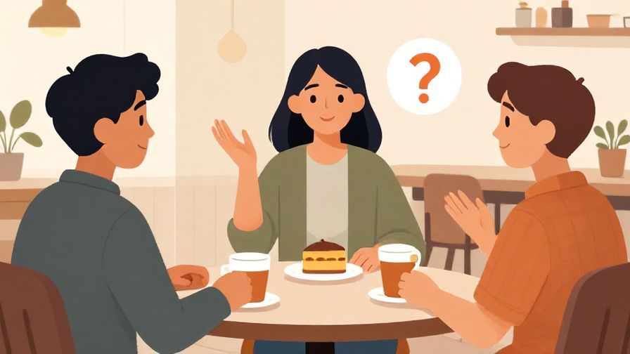 Illustration of someone changing the topic suddenly during a group discussion, lively café scene