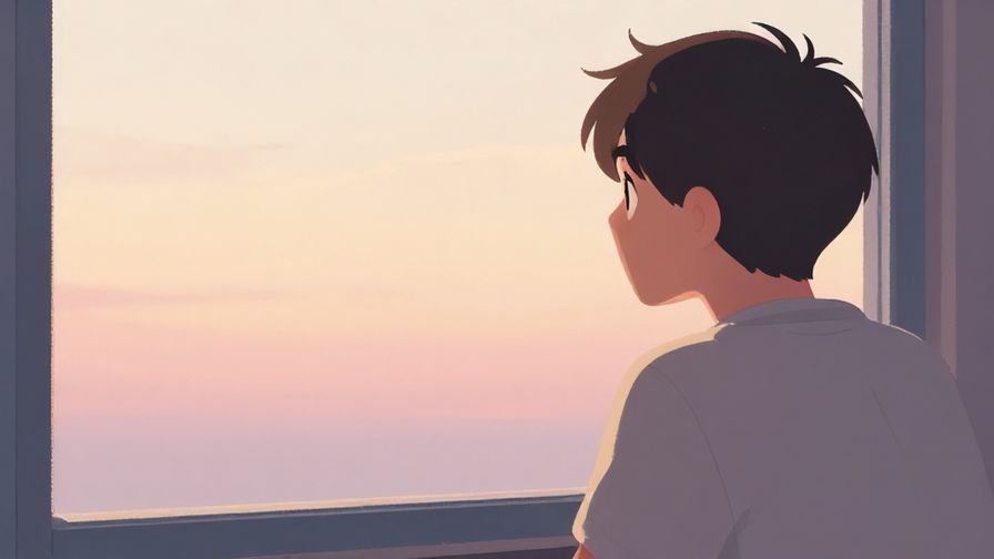 Illustration of someone looking thoughtfully out a window at the horizon, soft pastel colors, subtle light rays