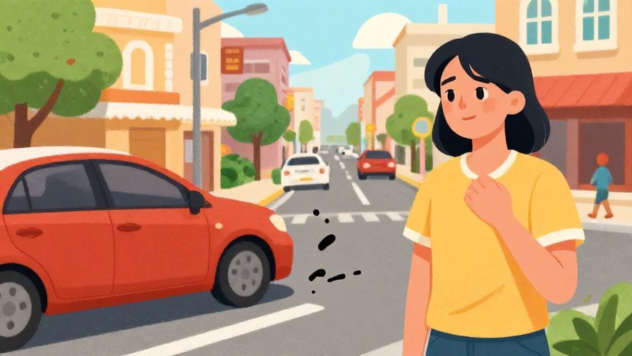Illustration of someone narrowly avoiding an accident and looking relieved, detailed street background, vibrant colors