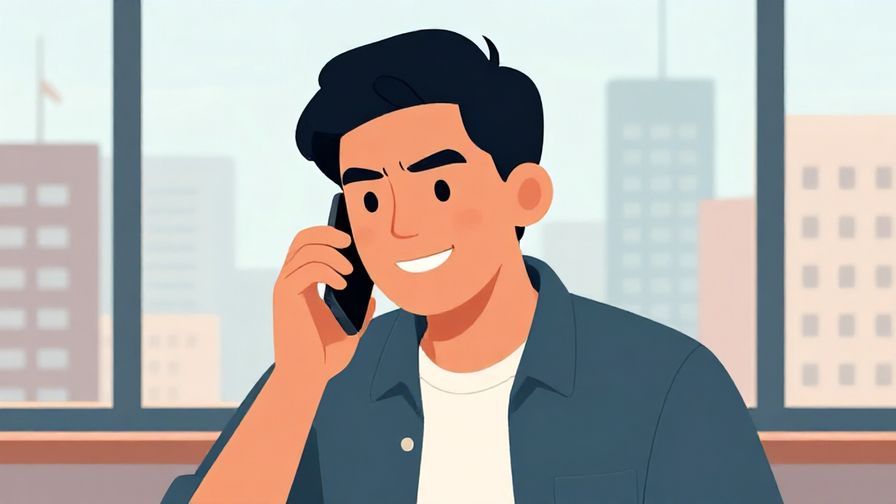 Illustration of someone speaking on the phone with a determined smile, cityscape visible through a window behind