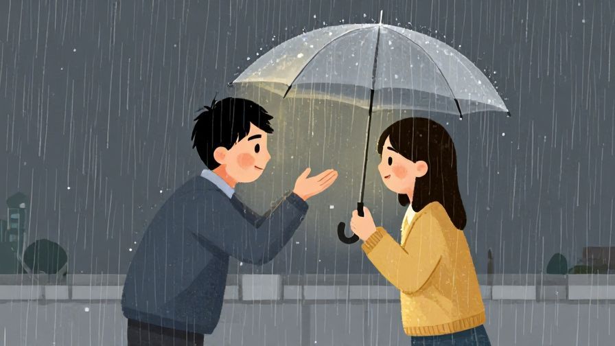 Illustration of someone standing protectively next to a friend during rain, sharing an umbrella, warm glow, illustrated style