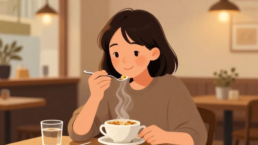 Illustration of someone thoughtfully savoring a bite at a cozy café, warm lighting, gentle smile on face