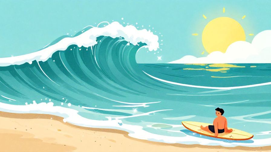 Illustration of stylized ocean waves sparkling under the sun with a relaxed surfer smiling on the beach, peaceful and vibrant colors