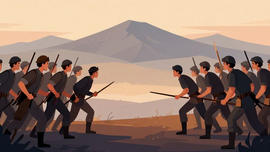 Illustration of two armies facing off, tense atmosphere, distant mountains, early dawn