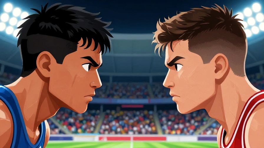 Illustration of two athletes facing off in a tense moment before a match, their eyes fierce and focused, vivid stadium lights