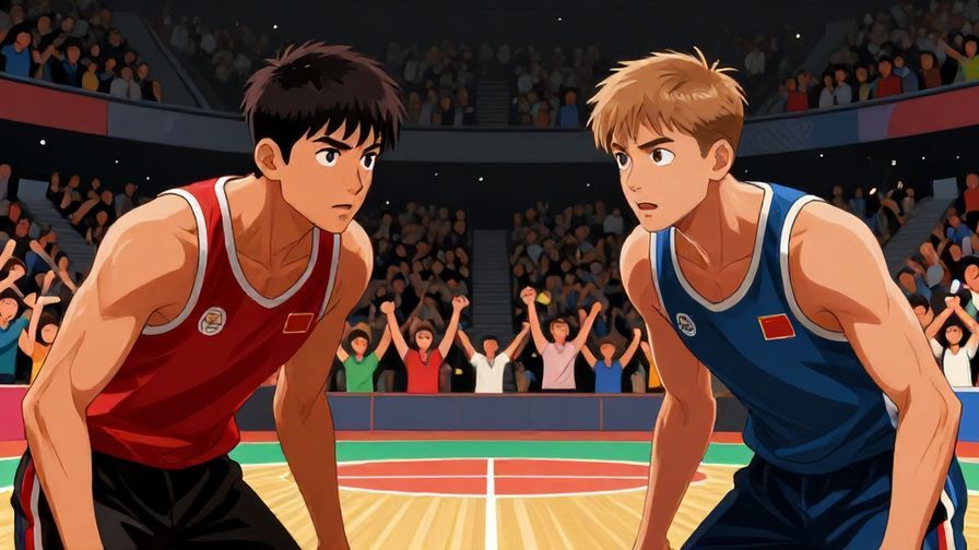 Illustration of two athletes preparing for a match, focused eyes, dynamic stadium background with cheering crowd