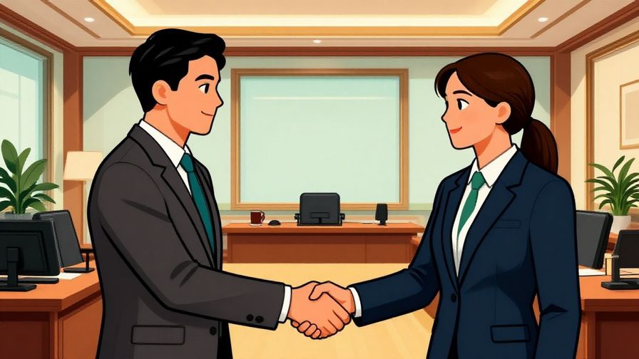 Illustration of two business colleagues shaking hands with respectful expressions, elegant office background, detailed background, vibrant colors, illustrated style