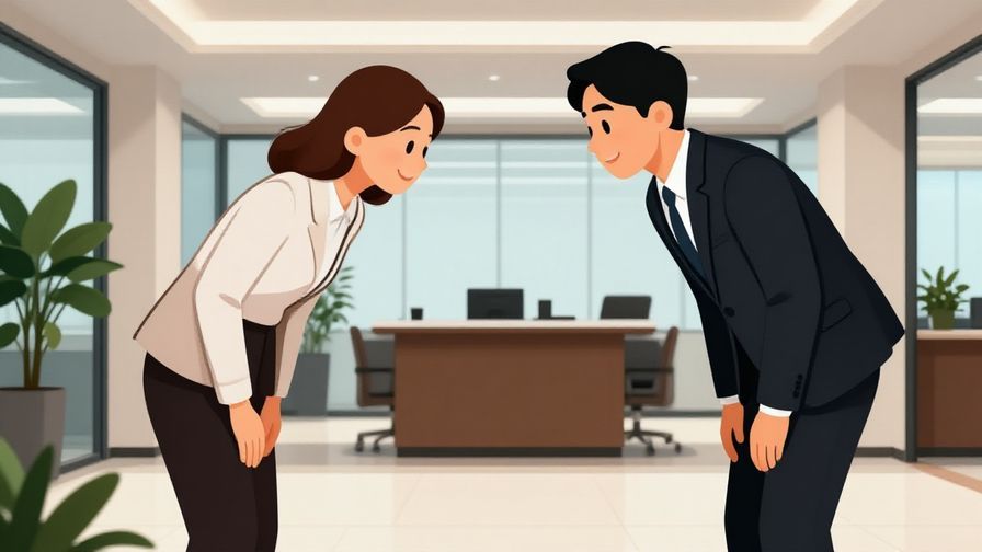 Illustration of two business people bowing slightly with friendly smiles in an office lobby