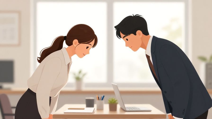 Illustration of two business people exchanging respectful bows in a bright office, soft focus and natural light