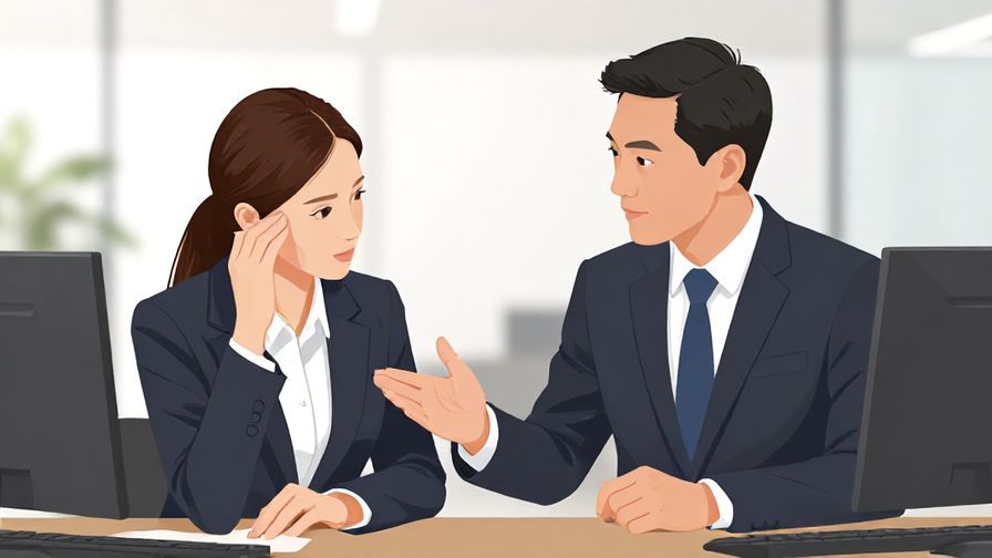 Illustration of two business people in discussion, one with a gentle shake of the head, formal office background, illustrated style