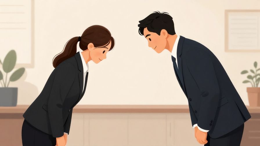 Illustration of two business people politely bowing to each other in an office setting, soft lighting, professional atmosphere, illustrated style
