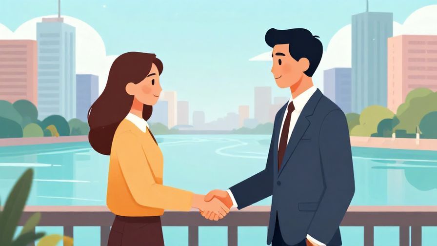 Illustration of two business people shaking hands calmly beside a quiet river, cityscape background, bright color palette