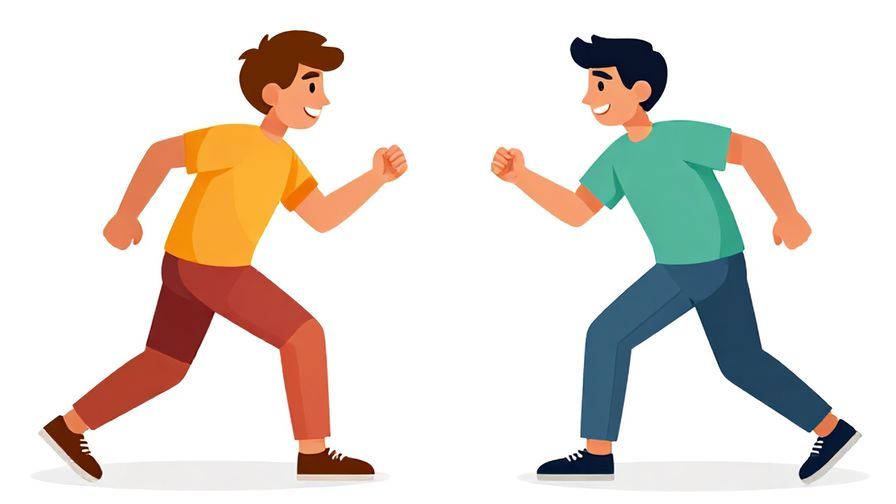 Illustration of two characters exchanging actions in a friendly duel or playful fight, showing give and take, vibrant colors, illustrated style