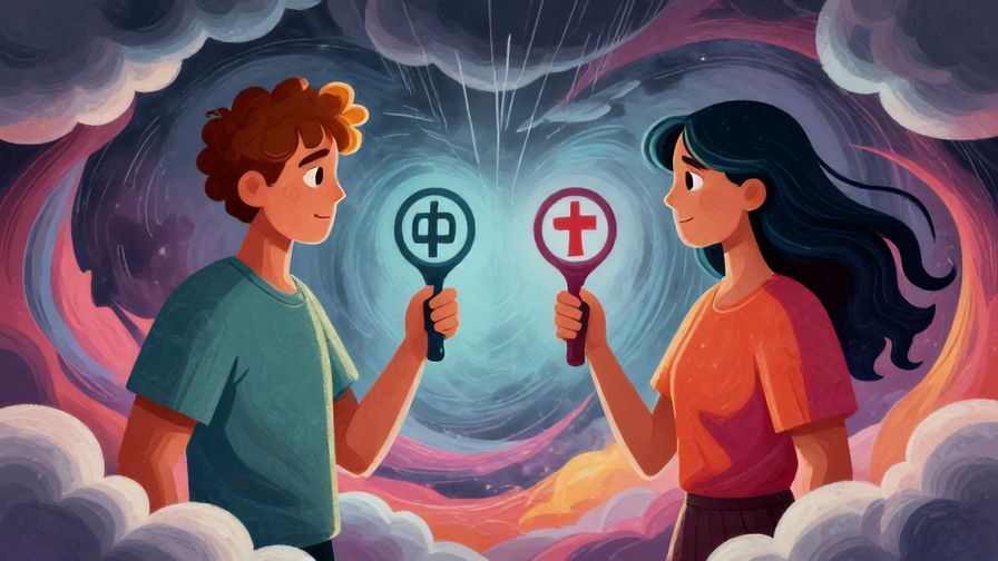 Illustration of two characters facing off, each holding a symbolic object representing revenge, surrounded by a swirling storm of emotions and stormy clouds, vibrant colors, illustrated style