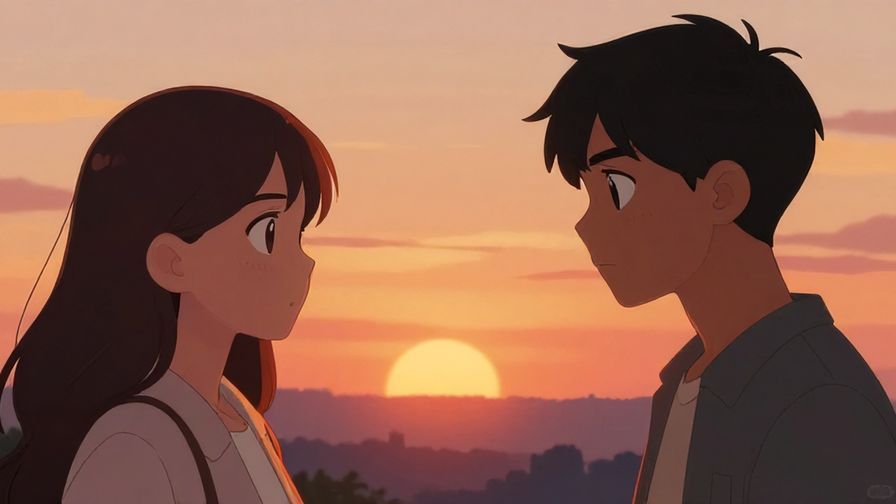 Illustration of two characters facing off with intense expressions under a sunset sky