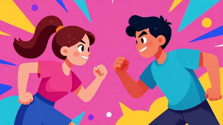 Illustration of two characters fiercely but playfully facing each other, vibrant and energetic background