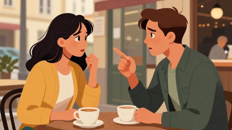 Illustration of two characters in a heated argument, one pointing a finger accusingly, detailed street café background