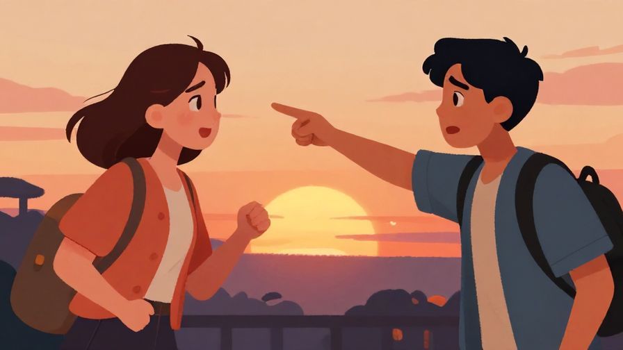 Illustration of two characters in a heated discussion outdoors, one pointing firmly, dynamic sunset background