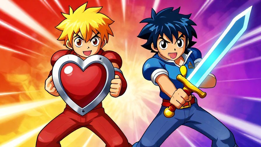 Illustration of two characters, one with a heart shield, the other with a sword, both ready for anything, vibrant and dynamic