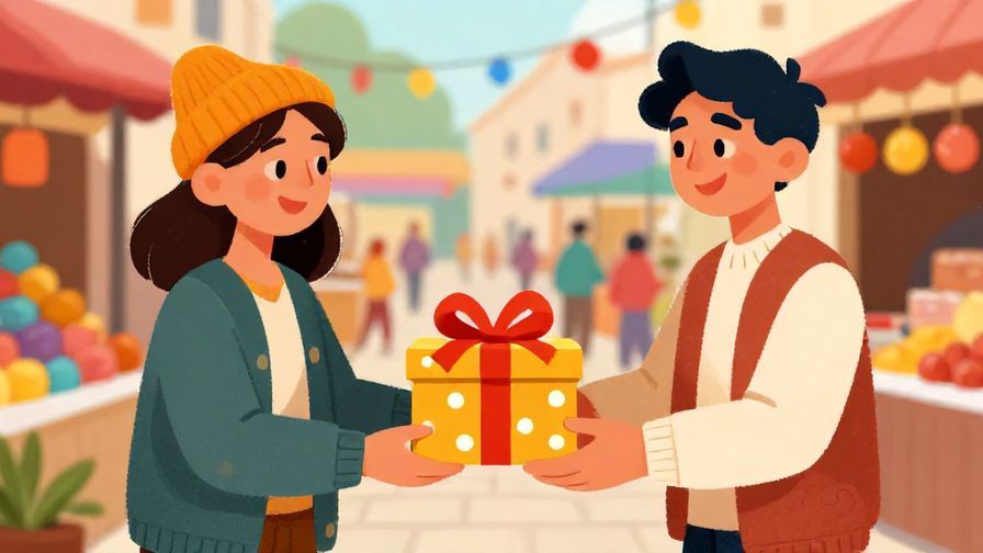 Illustration of two characters playfully exchanging wrapped gifts with sly smiles, colorful marketplace background