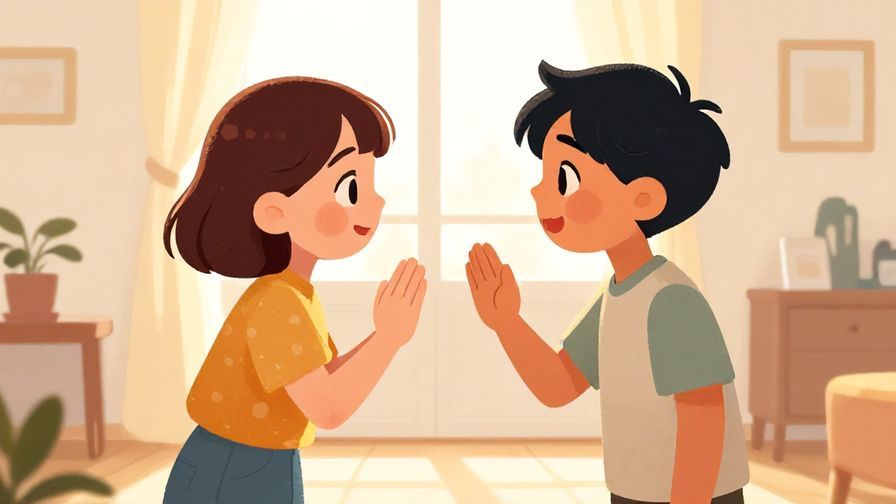 Illustration of two characters playfully teasing each other like siblings, bright indoor room with warm lighting, illustrated style