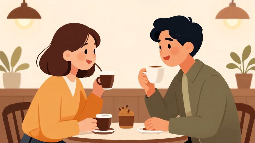 Illustration of two cheerful friends making plans over coffee, cozy café setting, warm colors