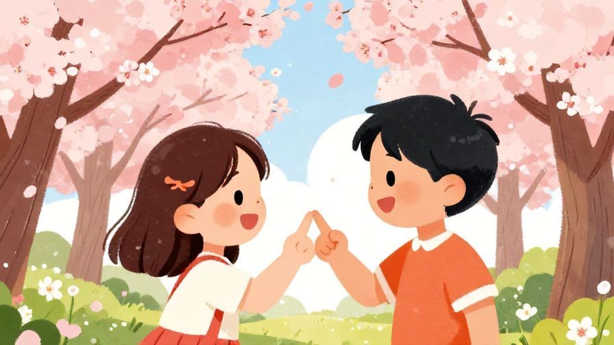 Illustration of two children smiling and pinky-swiping each other outdoors under cherry blossom trees, vibrant colors, illustrated style