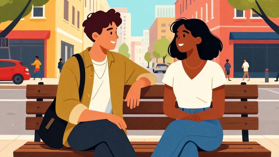 Illustration of two close friends chatting casually on a street bench, relaxed smiles, vibrant city background, detailed background, vibrant colors, illustrated style