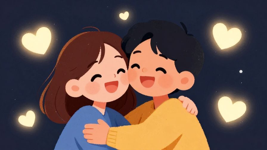 Illustration of two close friends hugging happily with glowing hearts around them