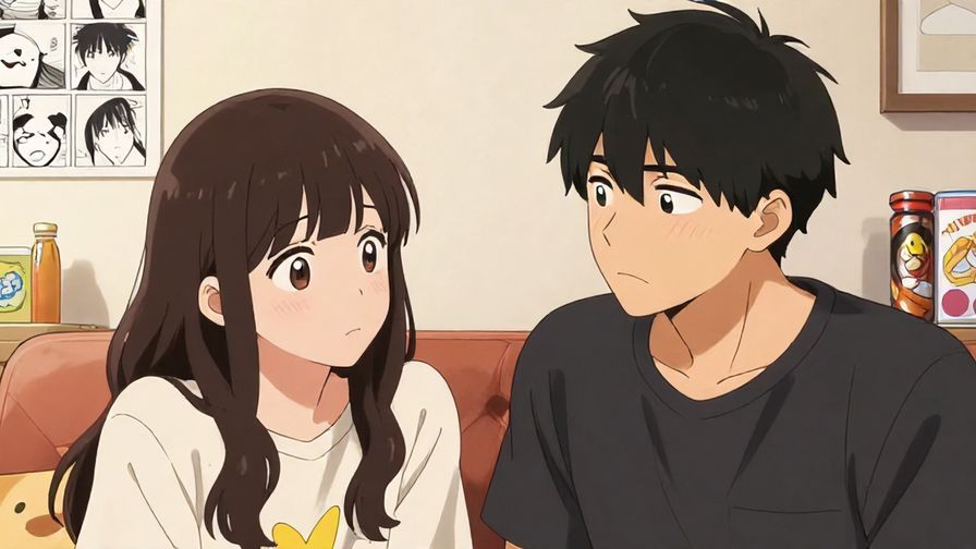 Illustration of two close friends joking around, one with a playful confused face, casual indoor setting with manga and snacks