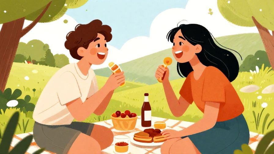 Illustration of two close friends laughing and eating at a casual outdoor picnic, bright colors, energetic vibe, illustrated style