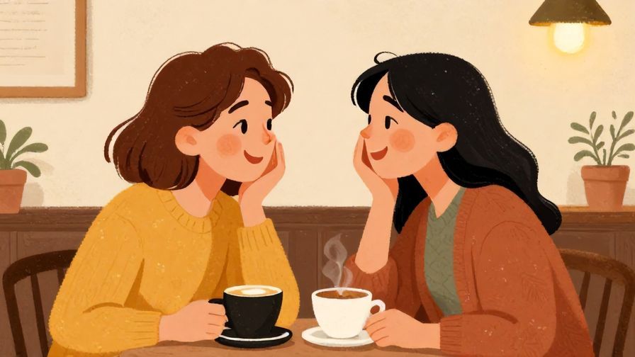 Illustration of two close friends laughing and sharing a secret, cozy café setting, warm colors, illustrated style