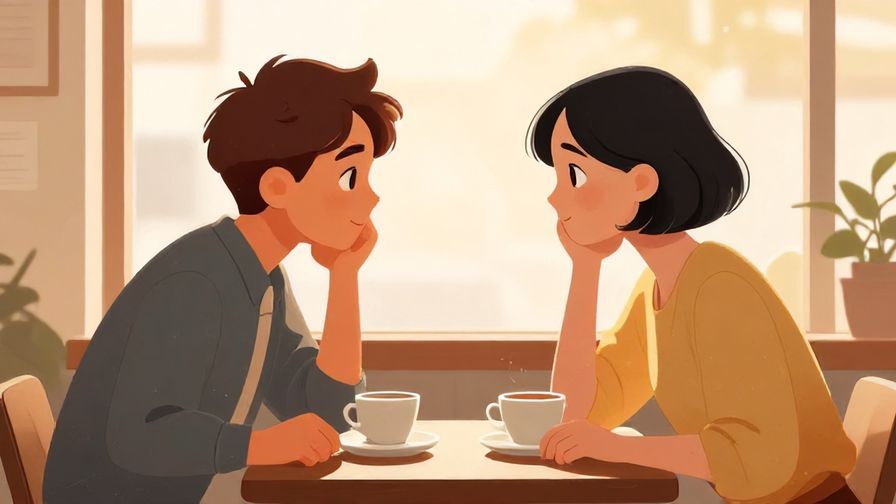Illustration of two colleagues at a cafe, one leaning in to ask a question politely, warm lighting
