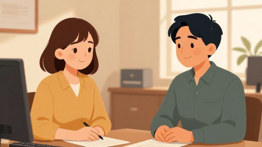 Illustration of two colleagues in a calm office setting, exchanging polite smiles, warm indoor lighting