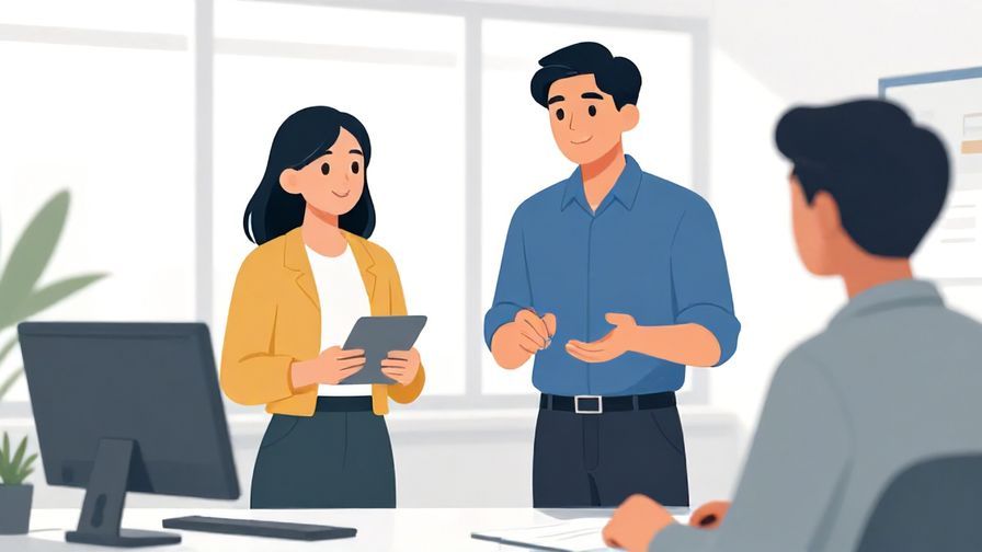 Illustration of two colleagues in an office sharing ideas, one politely asking for input, bright modern setting