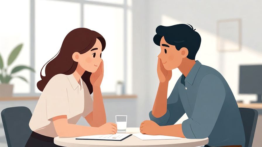 Illustration of two colleagues nodding in agreement while chatting in a modern office, bright natural lighting