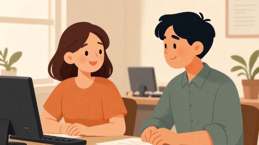 Illustration of two colleagues sharing a sympathetic smile during a break, office setting, warm tones, illustrated style