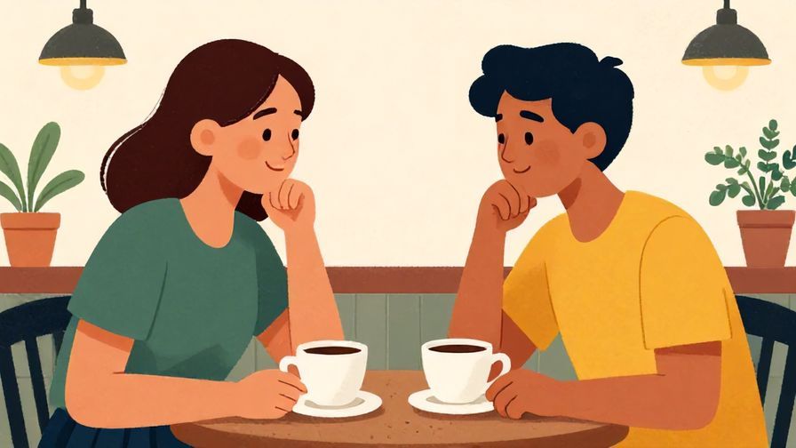 Illustration of two colleagues sharing a thoughtful moment over coffee, warm café setting, vibrant colors, illustrated style