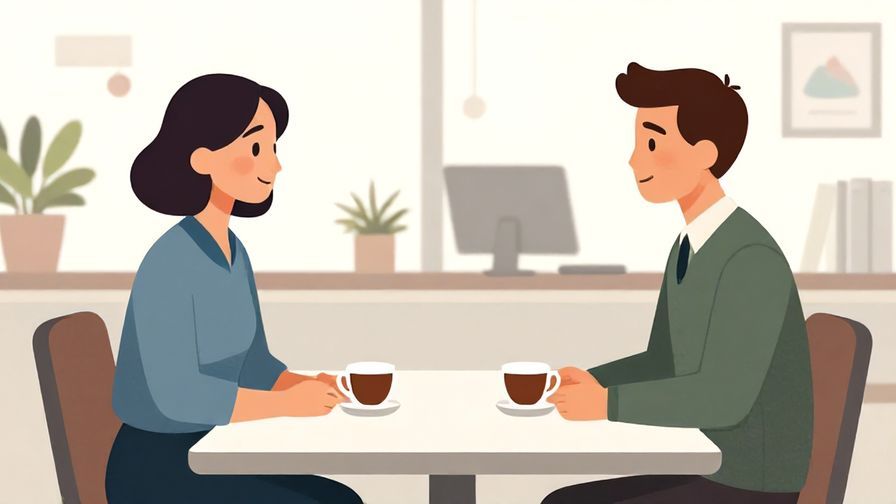 Illustration of two colleagues sitting across a table with calm expressions, tea cups on the table, office background, illustrated style