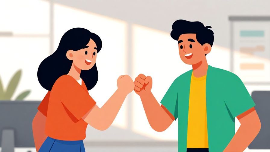 Illustration of two coworkers fist-bumping in an office with morning light, optimistic mood, vibrant colors