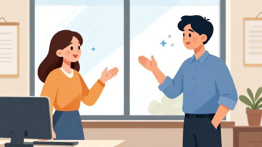 Illustration of two coworkers looking at each other with friendly smiles, one gesturing toward a window for fresh air, office setting, bright colors, illustrated style