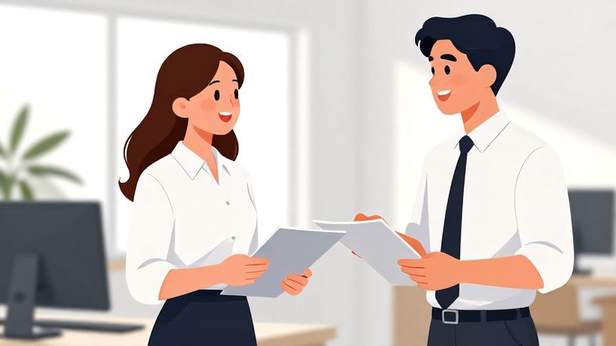 Illustration of two coworkers smiling and exchanging documents in a professional office environment, bright and cooperative mood