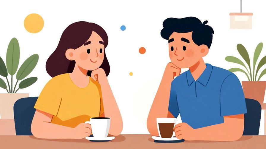 Illustration of two coworkers smiling and nodding in agreement over coffee, with office plants and soft dots in the background, vibrant colors, illustrated style