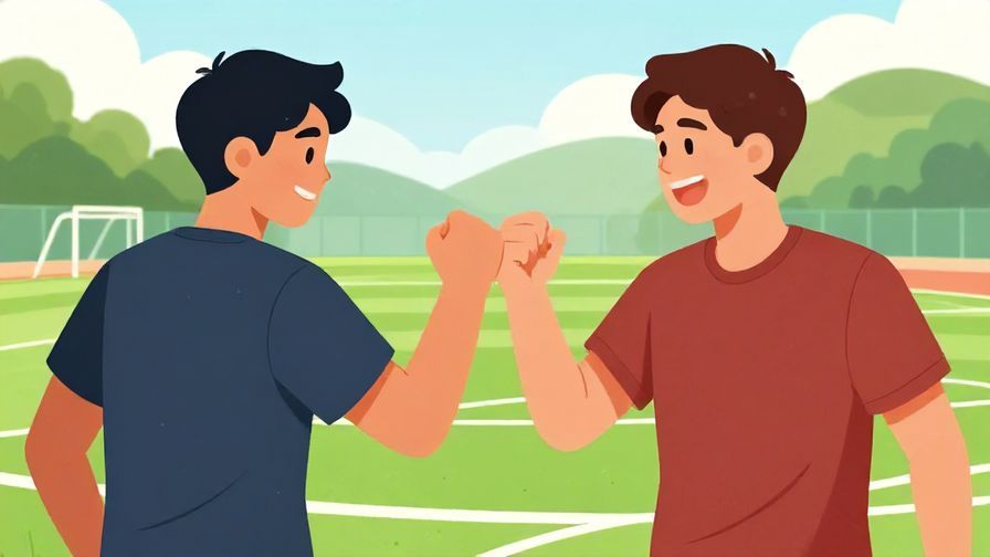 Illustration of two energetic male friends greeting with a fist bump in a sports field